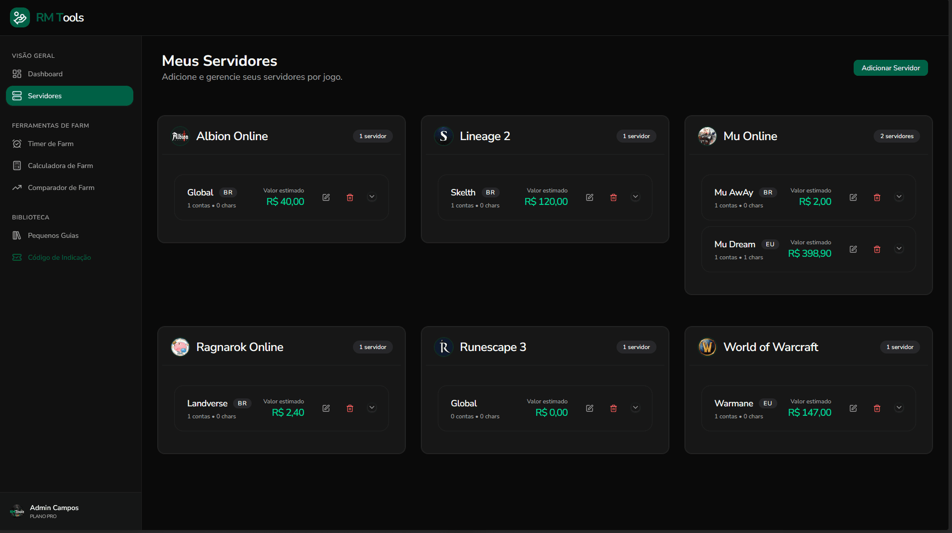 Seleção de Servidores e Jogos
